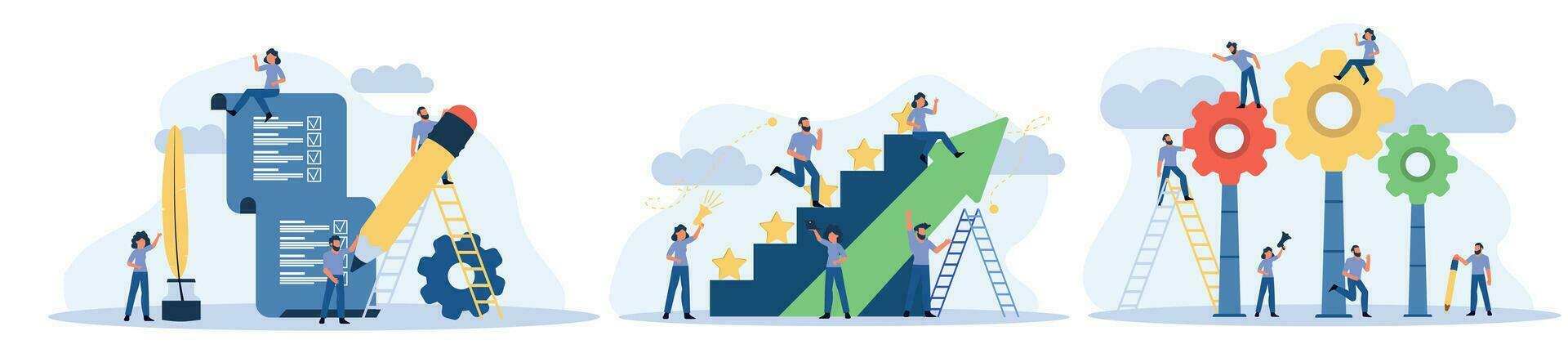 Man and woman vector business reward satisfaction employee. Feedback graphic illustration leader competition. Steps stars feedback work concept. Job motivation company evaluation good quality rating
