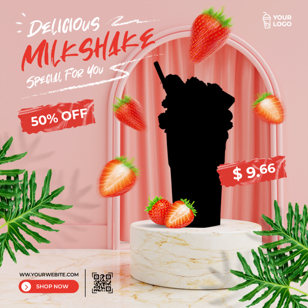 Milkshake drink menu with 3d podium rendering flyer social media post psd