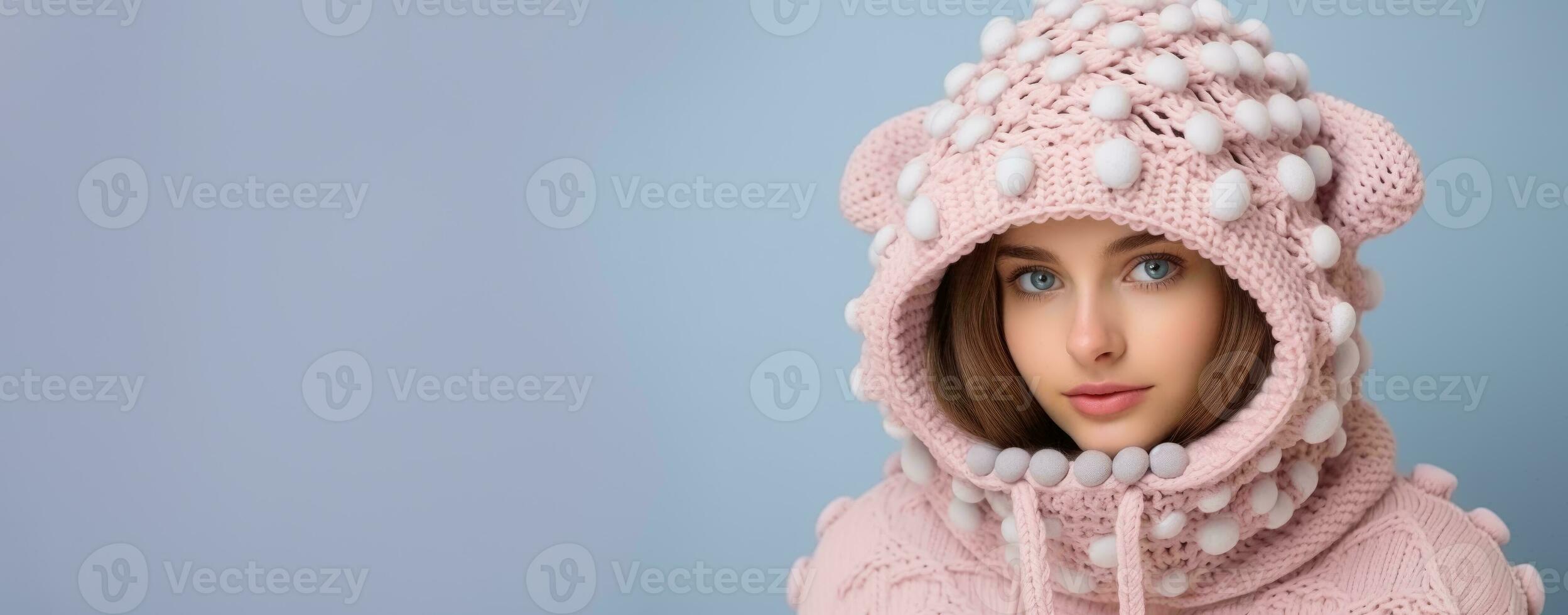 Woman in full knitted cozy costume isolated on pastel background with a place for text photo