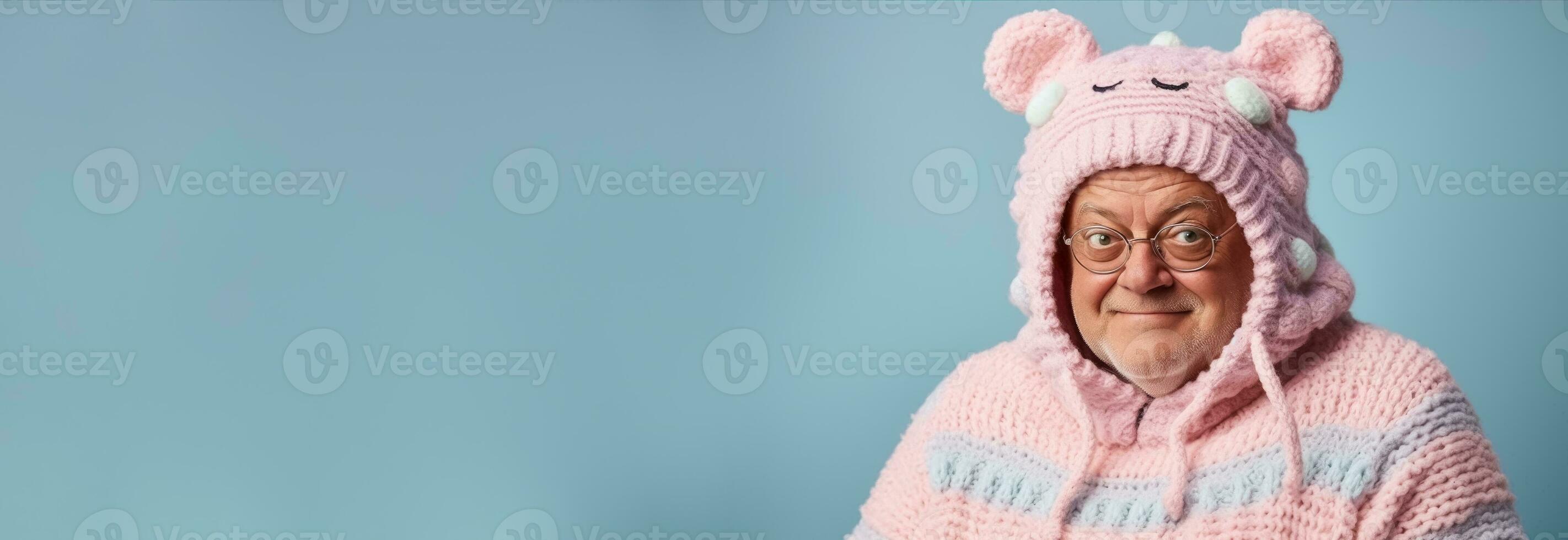 Old man in full knitted cozy costume isolated on pastel background with a place for text photo