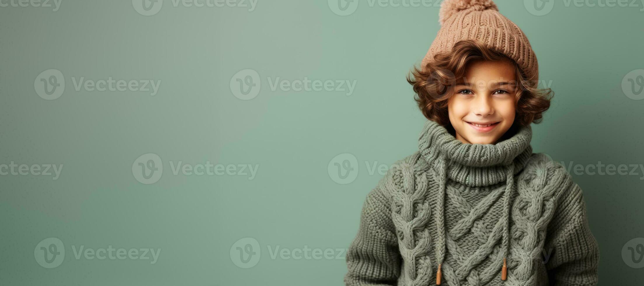 Boy in full knitted cozy costume isolated on pastel background with a place for text photo