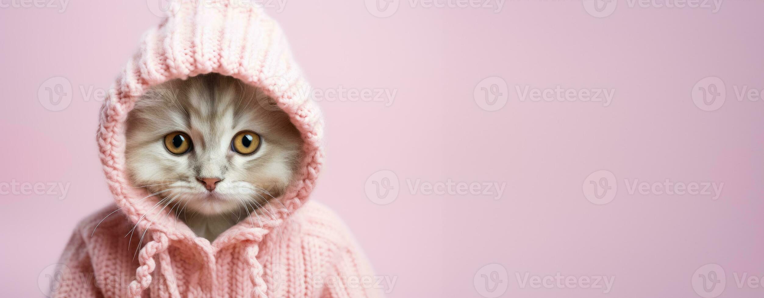 Cat in full knitted cozy costume isolated on pastel background with a place for text photo