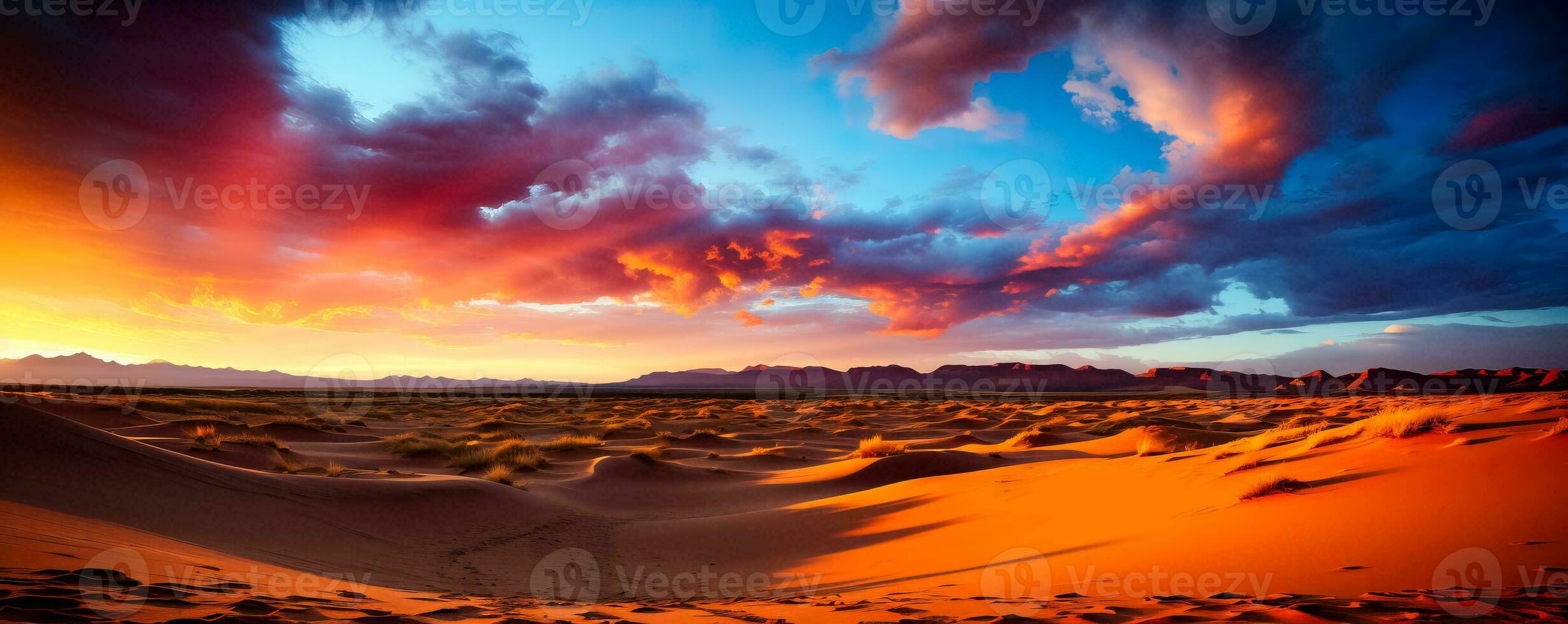 Vibrant rainbow arcs gracefully over golden sand dunes creating a surreal and mesmerizing contrast in the desert landscape photo