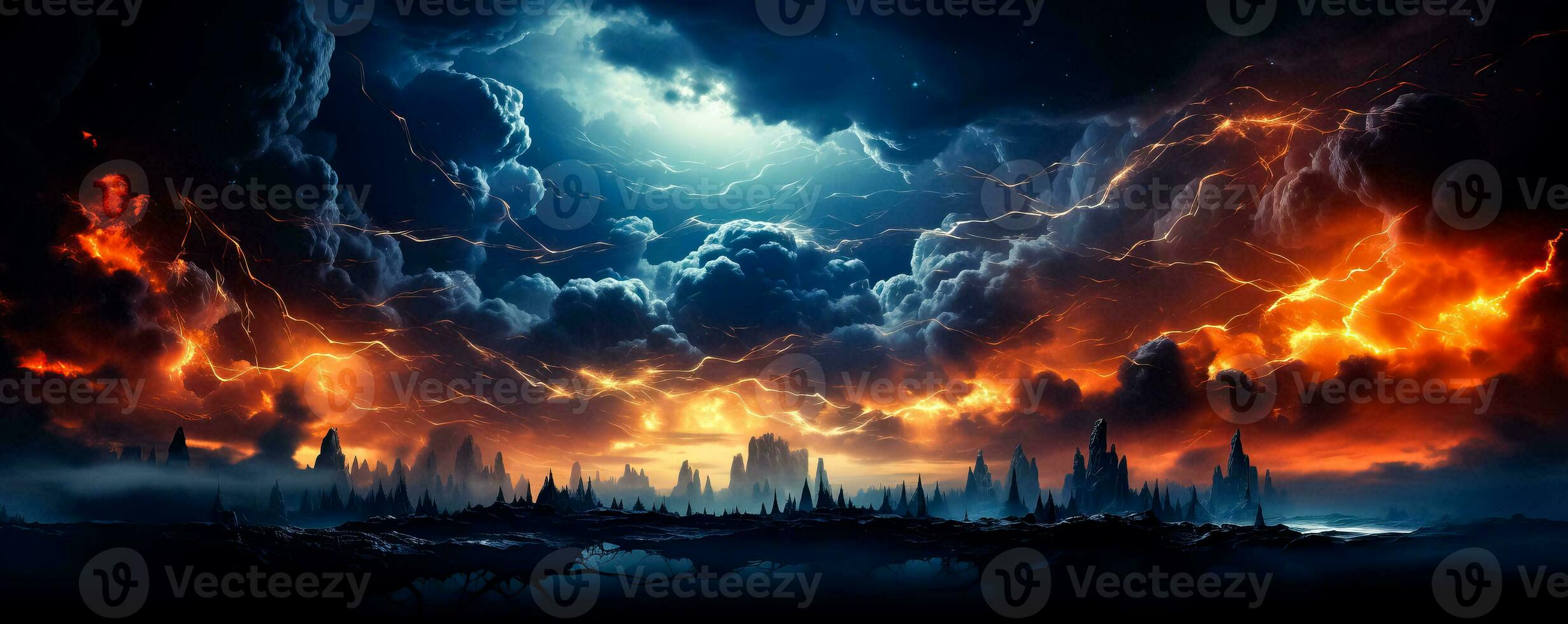 A captivating photo of a fiery thunderstorm showcasing dramatic sprites and bolts of lightning with a spacious backdrop for text