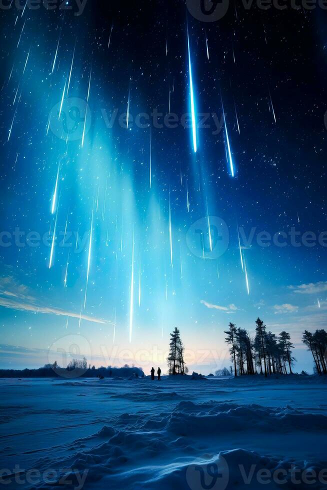 A captivating night sky displays magnificent light pillars over a winterland landscape background with empty space for text photo