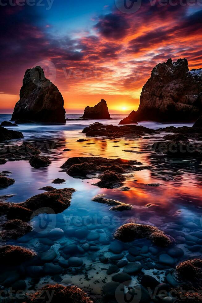 A magnificent moonbow arcs over a serene coastal landscape casting a colorful reflection on the glistening waters photo