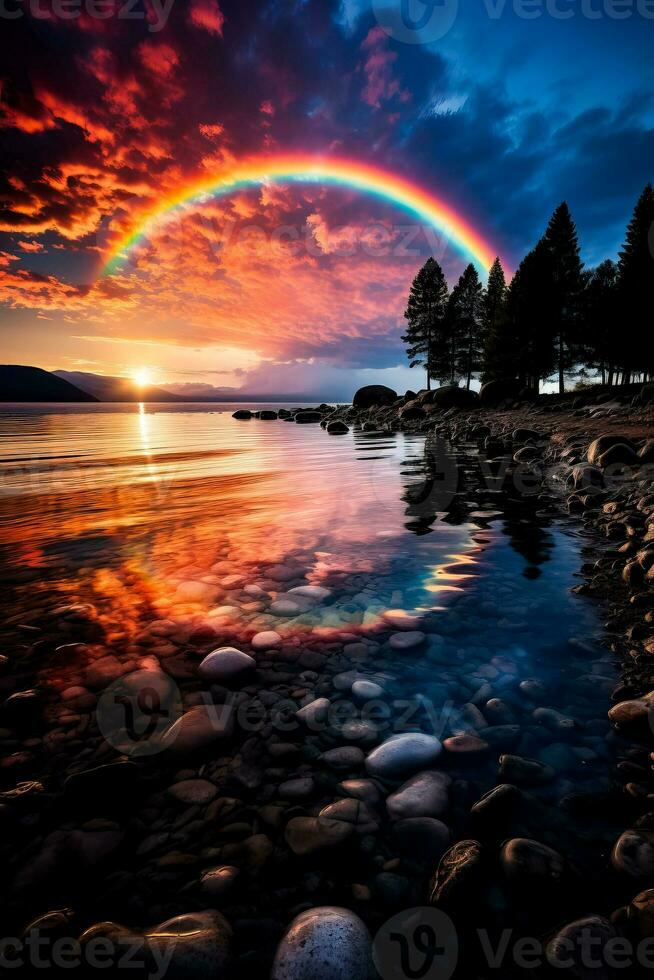A magnificent moonbow arcs over a serene coastal landscape casting a colorful reflection on the glistening waters photo