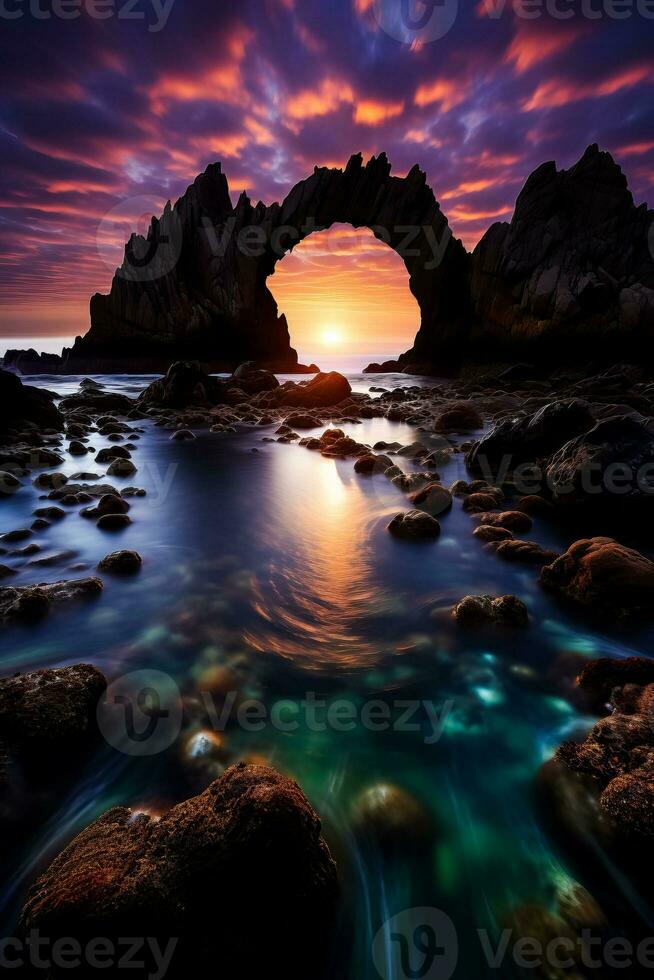 A mesmerizing moonbow arches over a coastal landscape casting ethereal hues upon a jubilant gathering of farmers and artisans photo