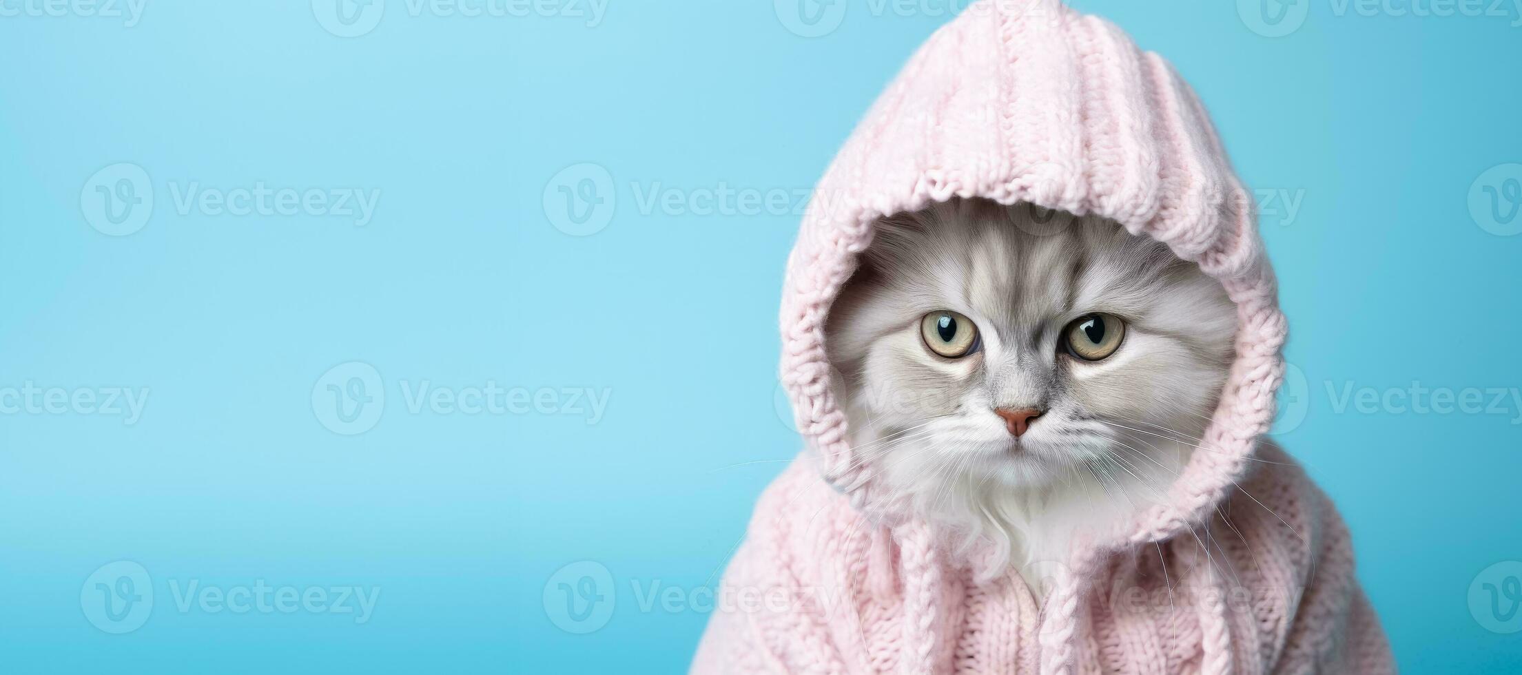 Cat in full knitted cozy costume isolated on vivid background with a place for text photo