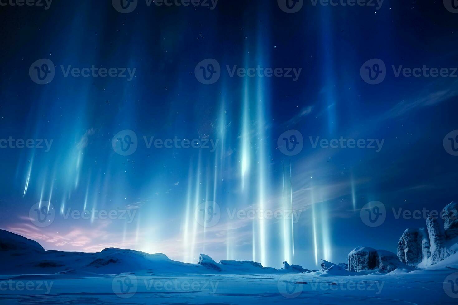 A captivating night sky displays magnificent light pillars over a winterland landscape background with empty space for text photo