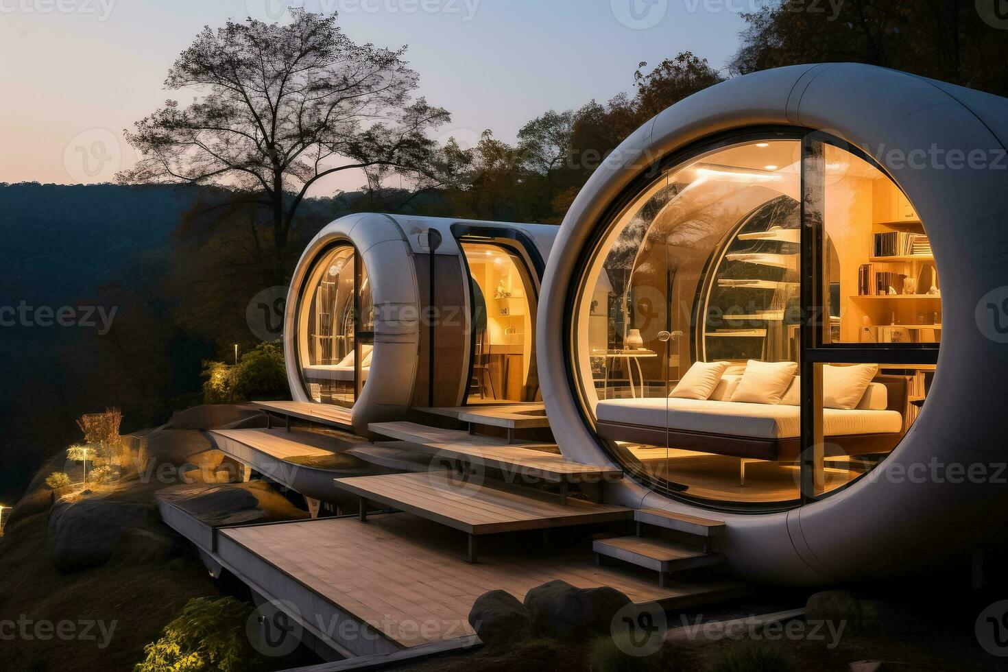 Capsule house in the heart of a peaceful countryside with rolling hills photo