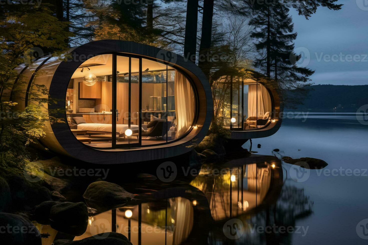 Capsule house nestled by the tranquil shores of a pristine lake photo