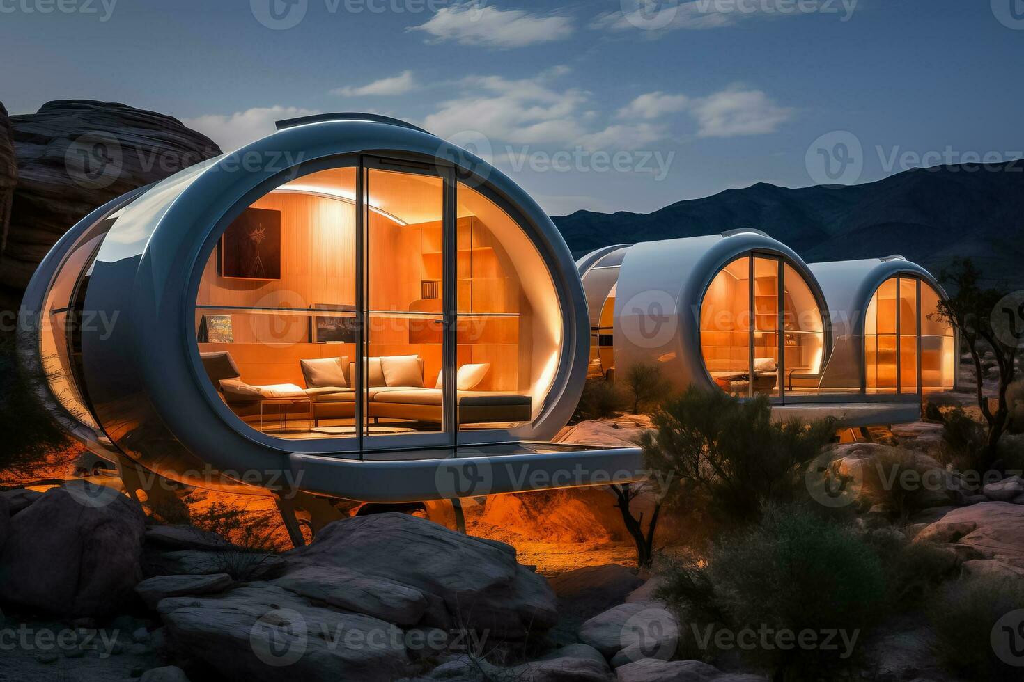 Capsule house in a desert oasis surrounded by arctic view photo