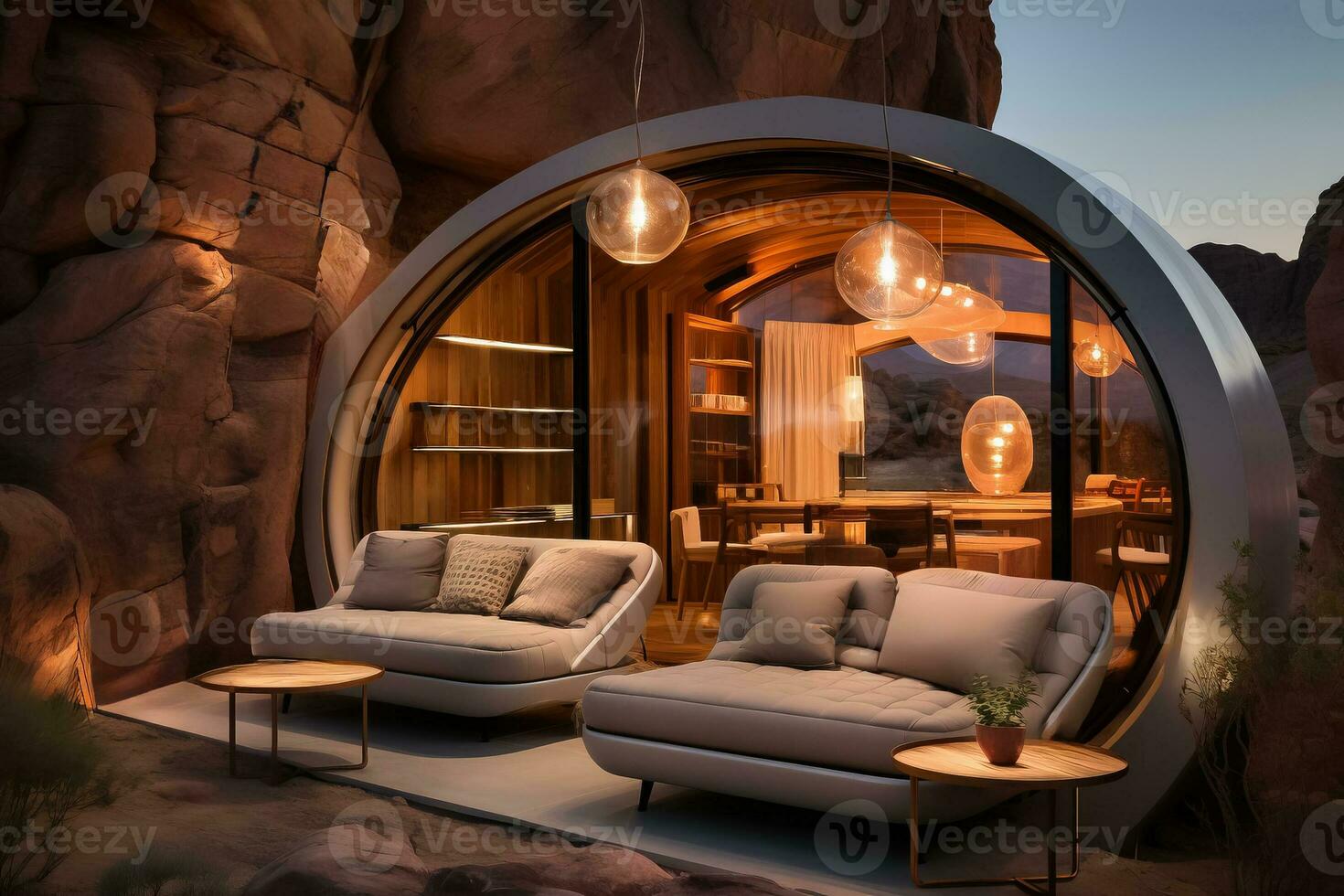 Capsule house in a desert oasis surrounded by arctic view photo