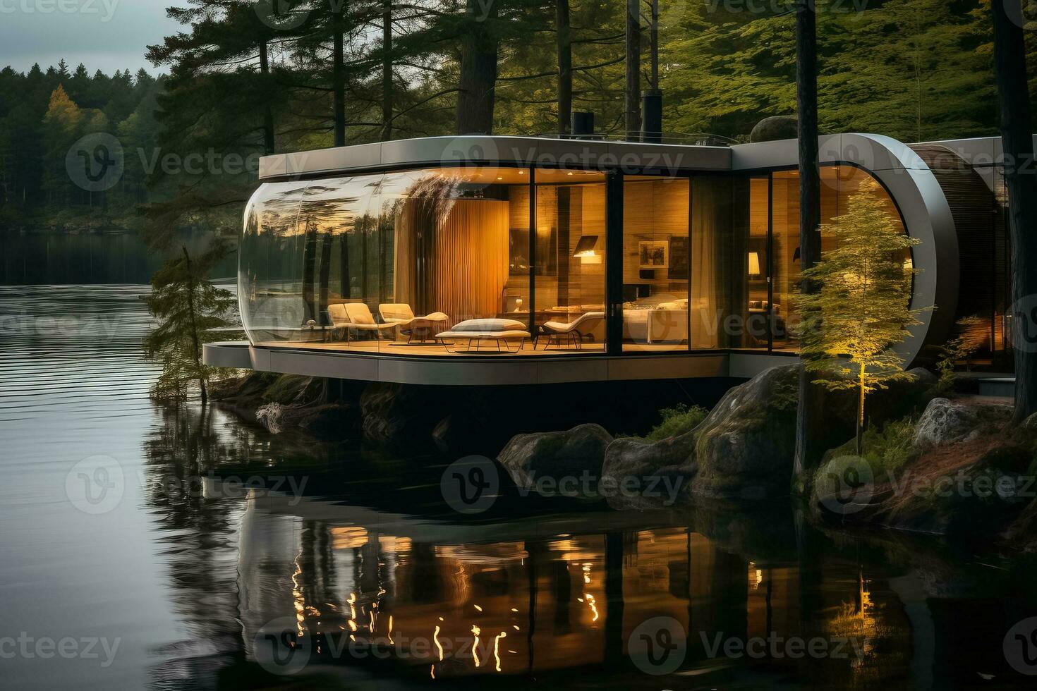 Capsule house nestled by the tranquil shores of a pristine lake photo