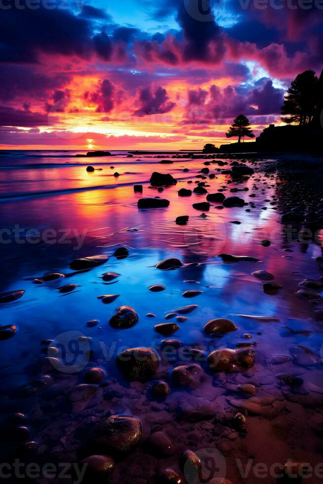 A mesmerizing moonbow illuminates the coastal night sky casting ethereal colors on the glittering waves below photo