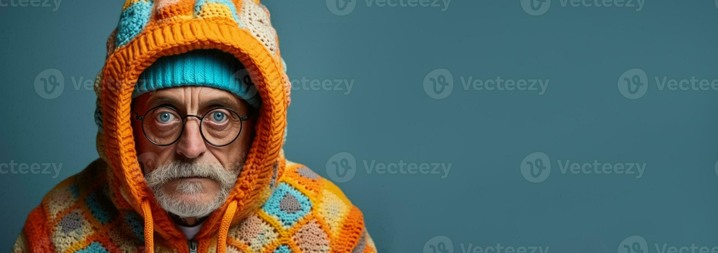 Old man in full knitted cozy costume isolated on vivid background with a place for text photo