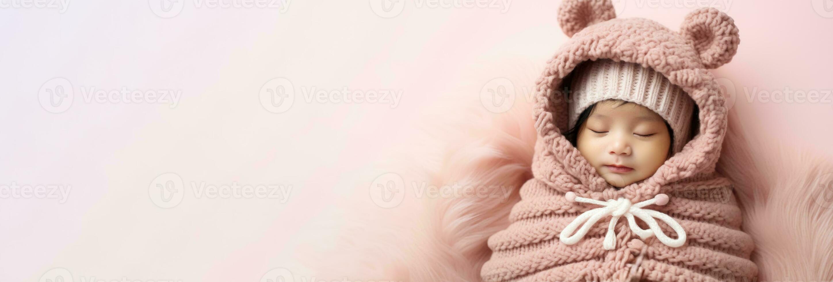 Newborn in full knitted cozy costume isolated on pastel background with a place for text photo