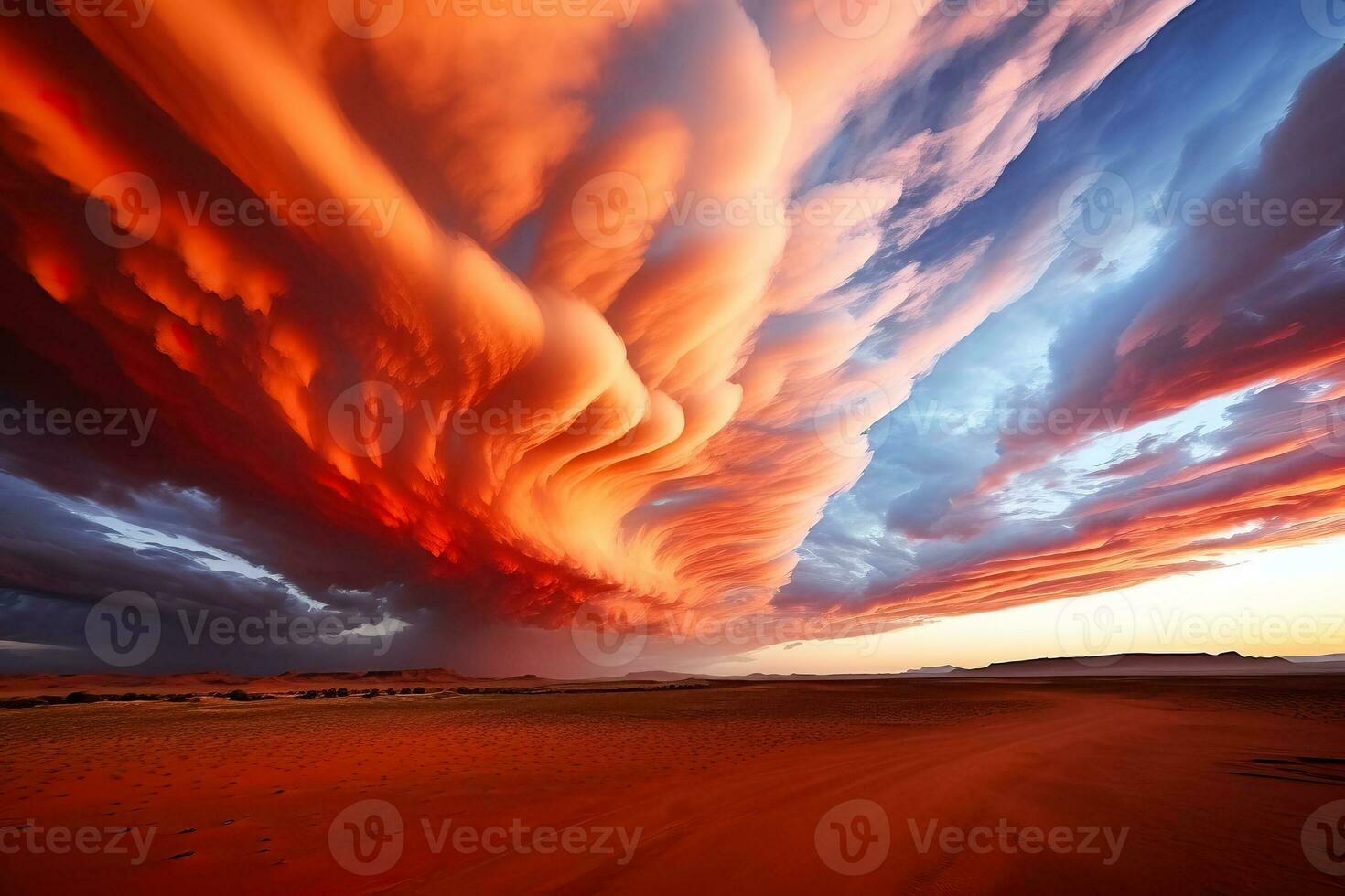 Vibrant rainbow-hued clouds hang majestically over the vast golden desert creating a breathtaking masterpiece in the sky photo