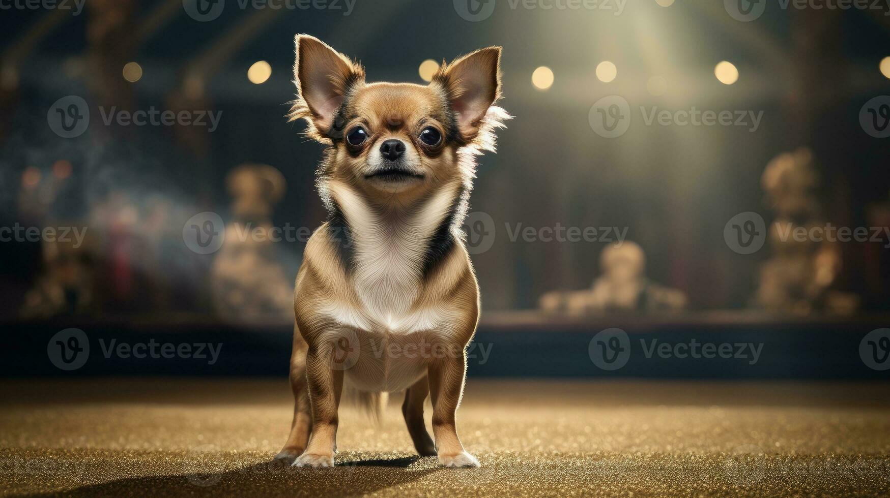 Pedigreed purebred Chihuahua dog at an exhibition of purebred dogs. Dog show. Animal exhibition. Competition for the most purebred dog. Winner, first place. beige color. Advertising, AI generated photo