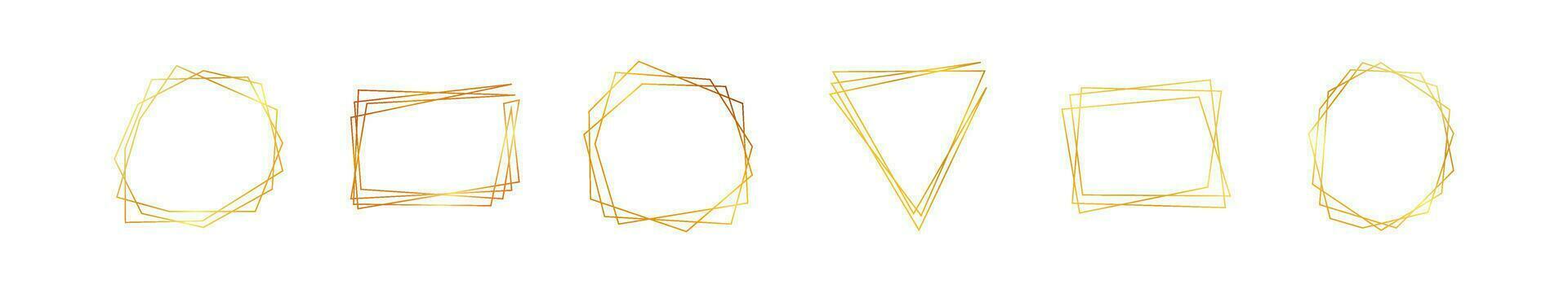 Set of six gold geometric polygonal frames with shining effects isolated on white background. Empty glowing art deco backdrop. Vector illustration.