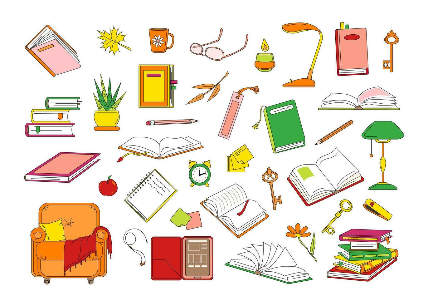 Set of books and objects related to reading vector