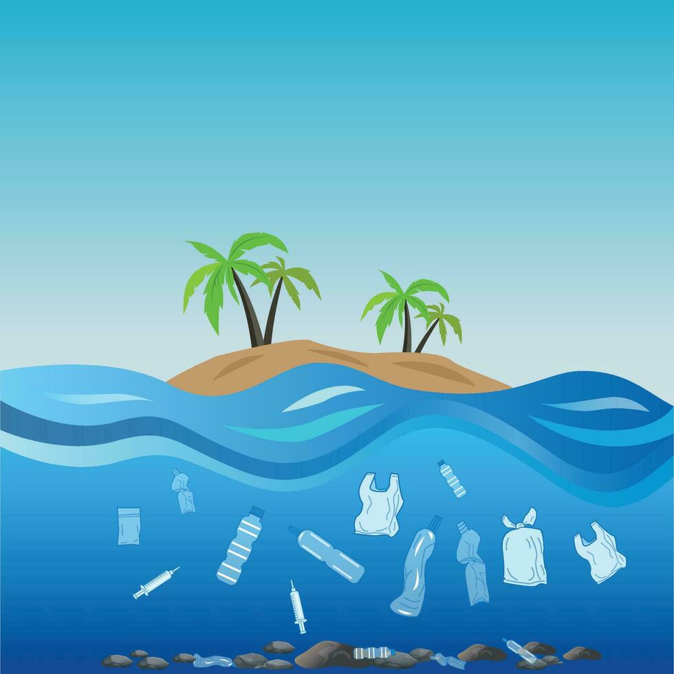 Plastic bottles in the sea. Pollution of the World ocean by plastic waste vector