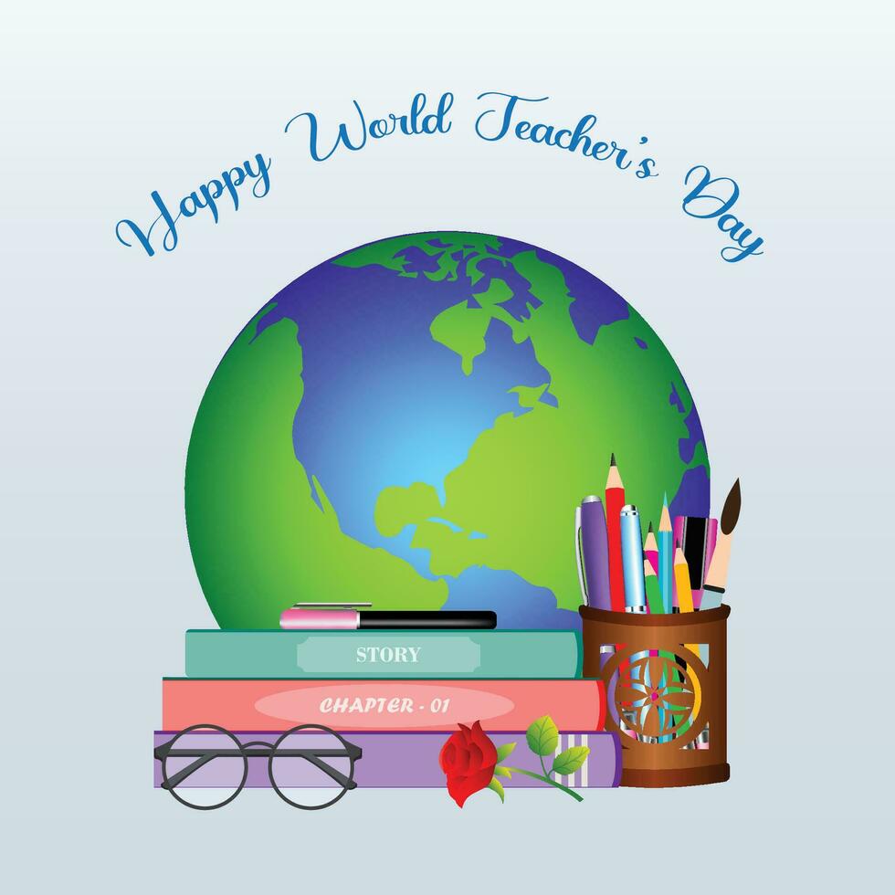 Happy World Teachers Day typography with globe earth and education elements vectors
