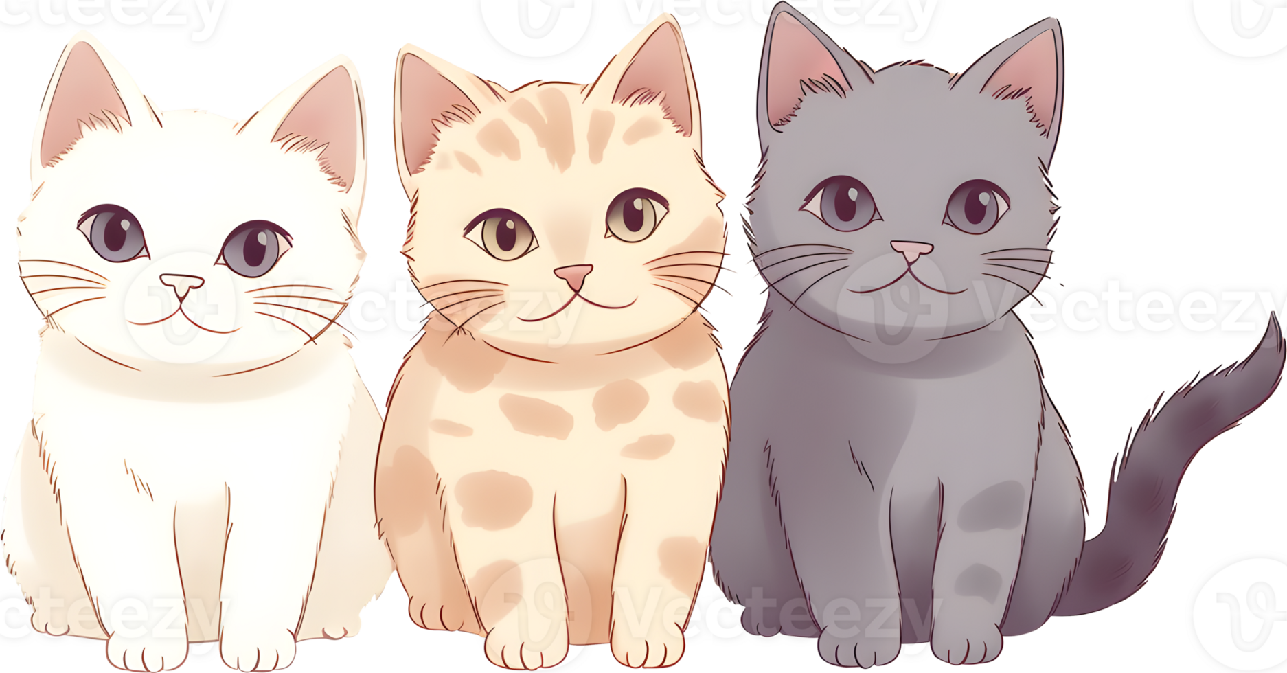 Group of cute cat cartoon anime, PNG file no background, AI generated