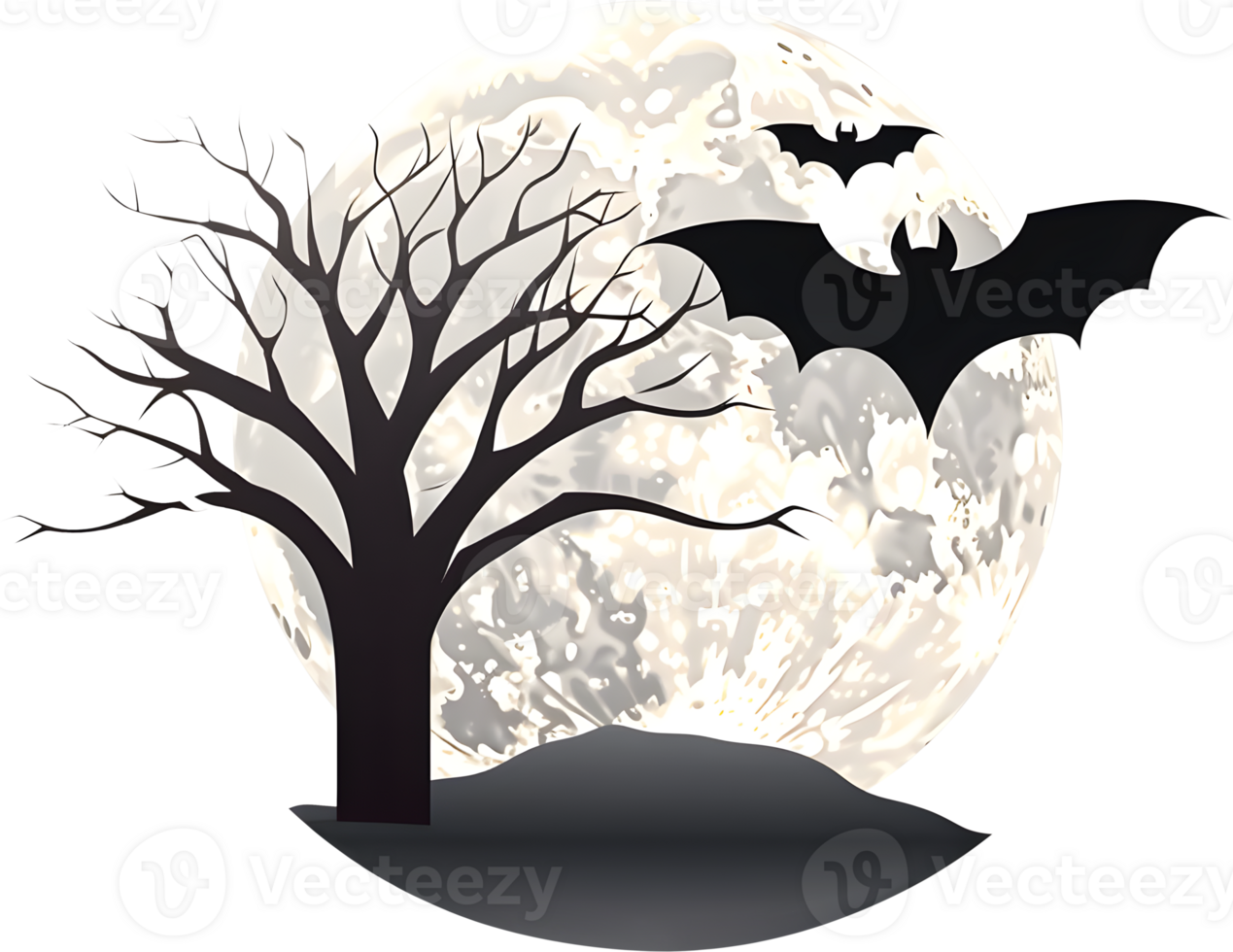 Scary Halloween night decoration with moon, bats and tree silhouette, PNG file no background,  AI generated