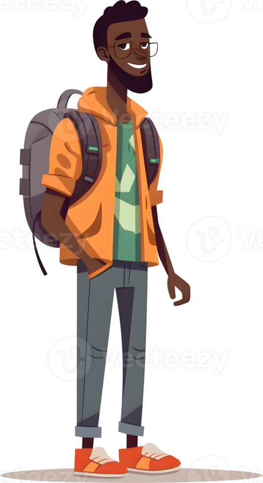 Male tourist character cartoon avatar full body with backpack, AI generated, PNG file no background
