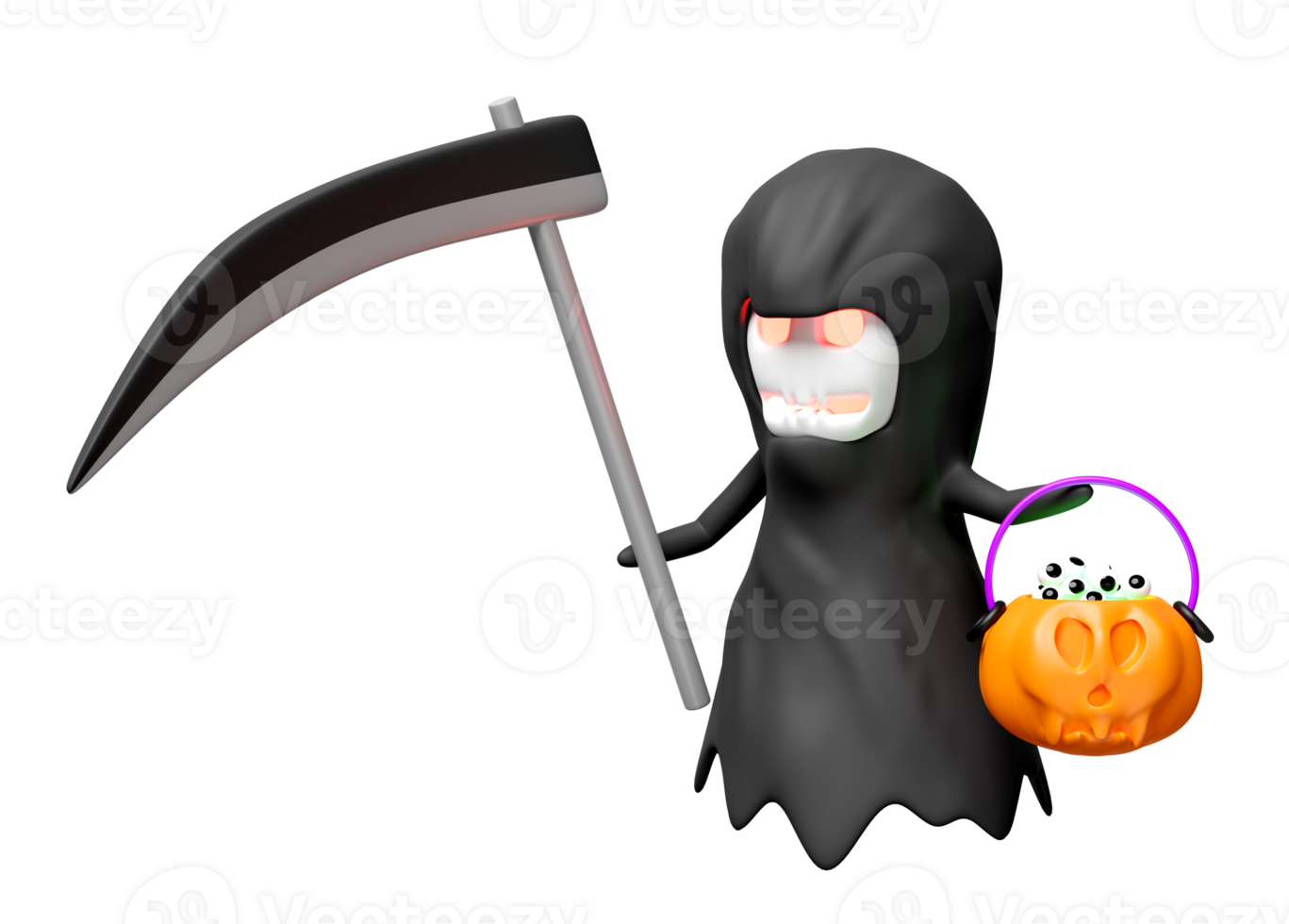 3d halloween holiday party with grim reaper hand holding scythe, magic cauldron pumpkin, eye isolated. 3d render illustration png