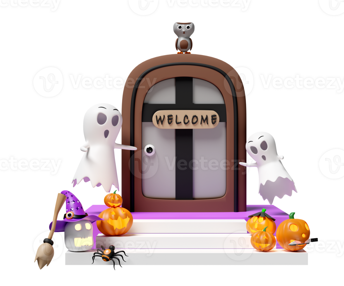 3d halloween holiday party with cute ghost, carved pumpkin, placed on the stairs, spider, old door, label welcome, owl, witch hat, wand  isolated. 3d render illustration png