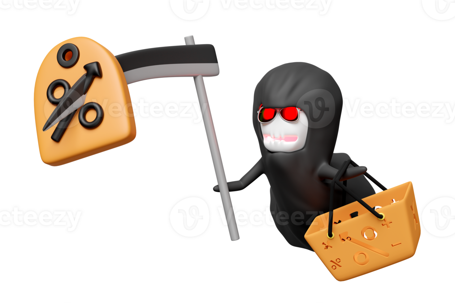 3d halloween dag met grimmig maaimachine Holding boodschappen doen mand, zeis, prijs tags coupon geïsoleerd. afzet Promotie bonussen concept, 3d geven illustratie png