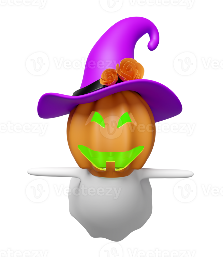 3d Halloween journée concept avec mignonne citrouille tête fantôme en volant, sorcière chapeau isolé. vacances faire la fête, 3d rendre illustration png