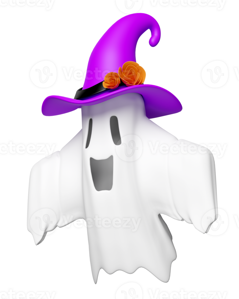 3d halloween day concept with cute ghost flying, witch hat isolated. holiday party, 3d render illustration png
