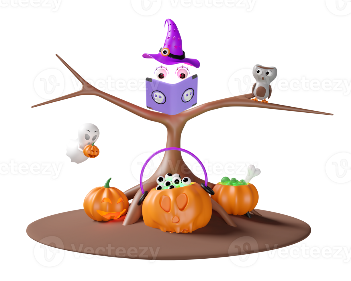 3d halloween day concept with flying witch hat, magic book, eye, magic cauldron pumpkin, tree dead, owl, ghost hand holding carved pumpkin isolated. 3d render illustration png