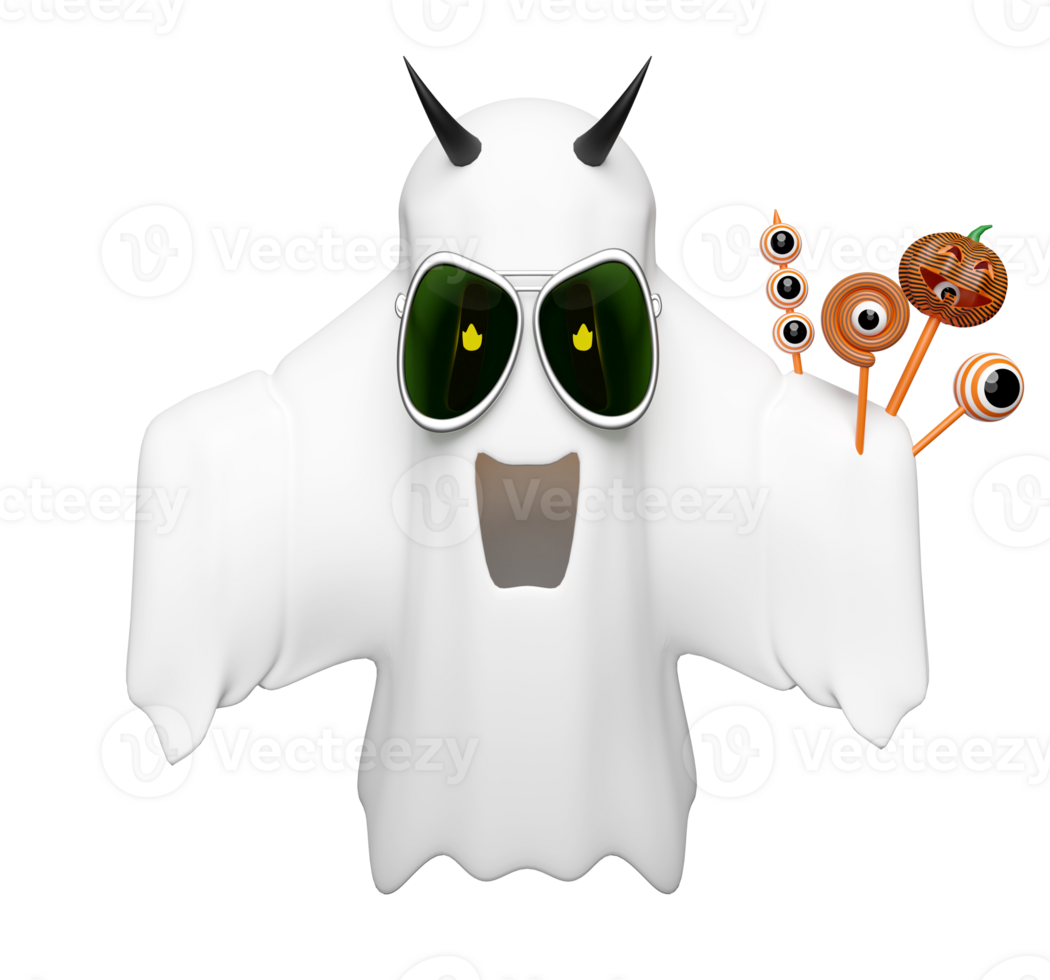 3d halloween holiday party with cute ghost flying holding candy, snacks, sunglasses, flame in eye isolated. 3d render illustration png