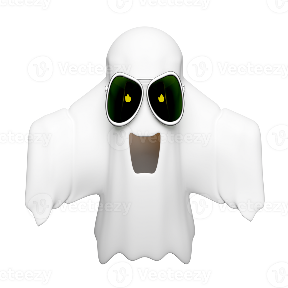 3d halloween holiday party with cute ghost flying, sunglasses, flame in eye isolated. 3d render illustration png