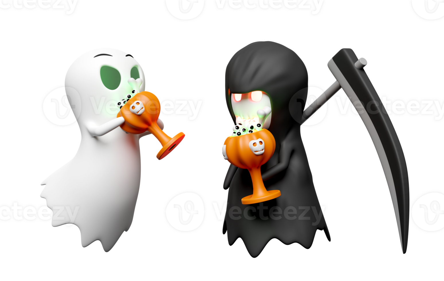 3d halloween vakantie partij met schattig geest, grimmig maaimachine hand- Holding zeis, magie kop pompoen, skelet, schedel, oog geïsoleerd. 3d geven illustratie png