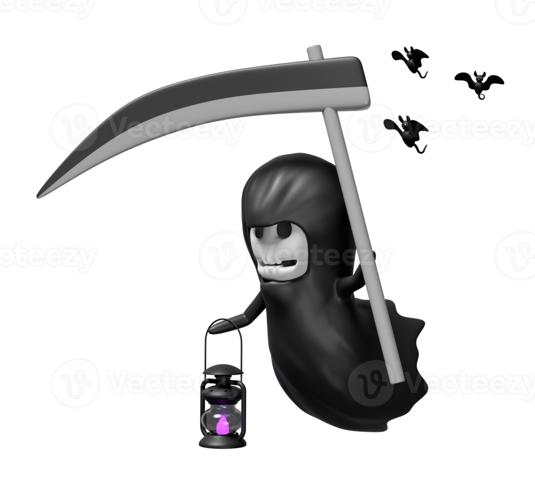 3d halloween holiday party with grim reaper hand holding scythe, storm lantern, bat isolated. 3d render illustration png