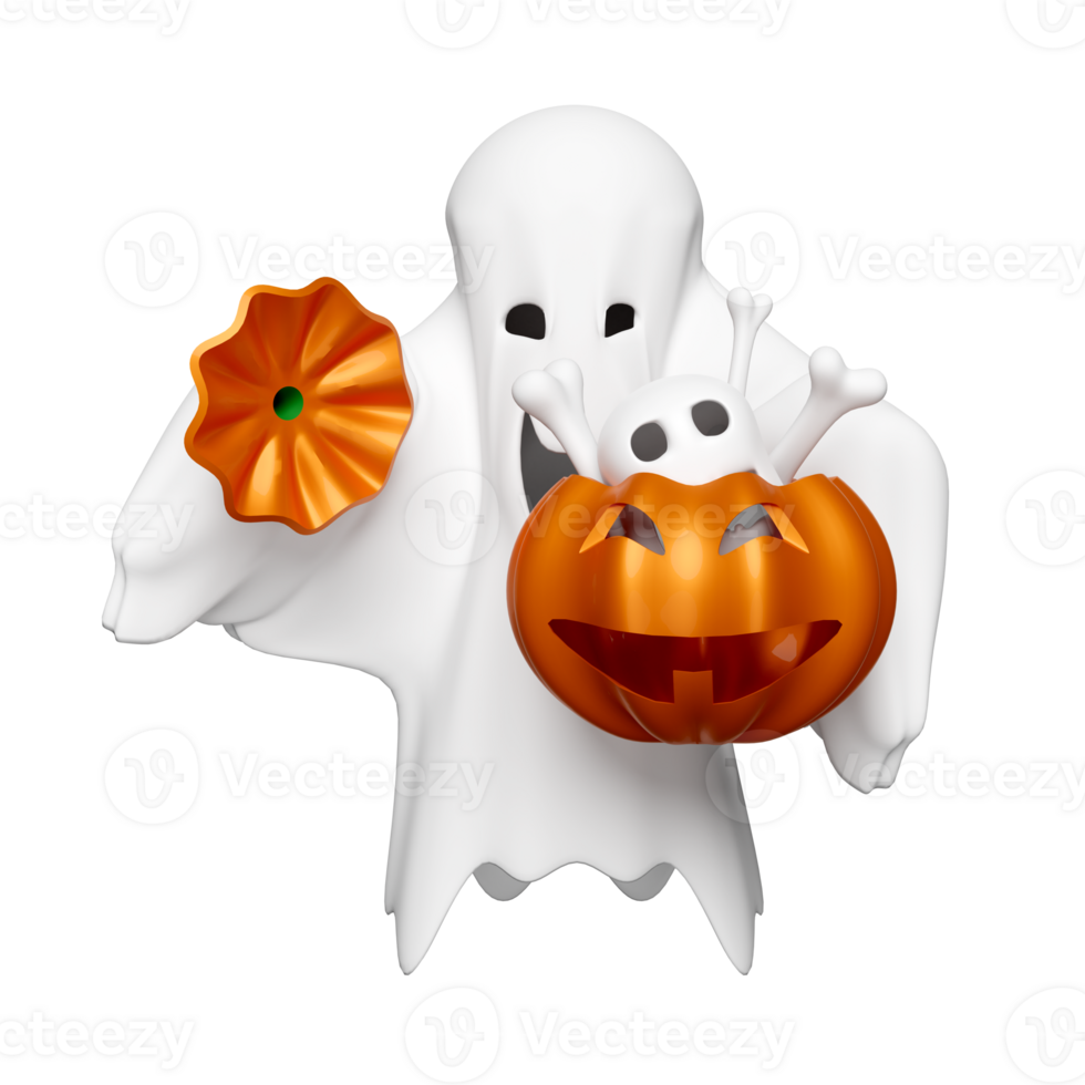 3d halloween day concept with cute ghost holding magic cauldron pumpkin, skull, skeleton isolated. holiday party, 3d render illustration png