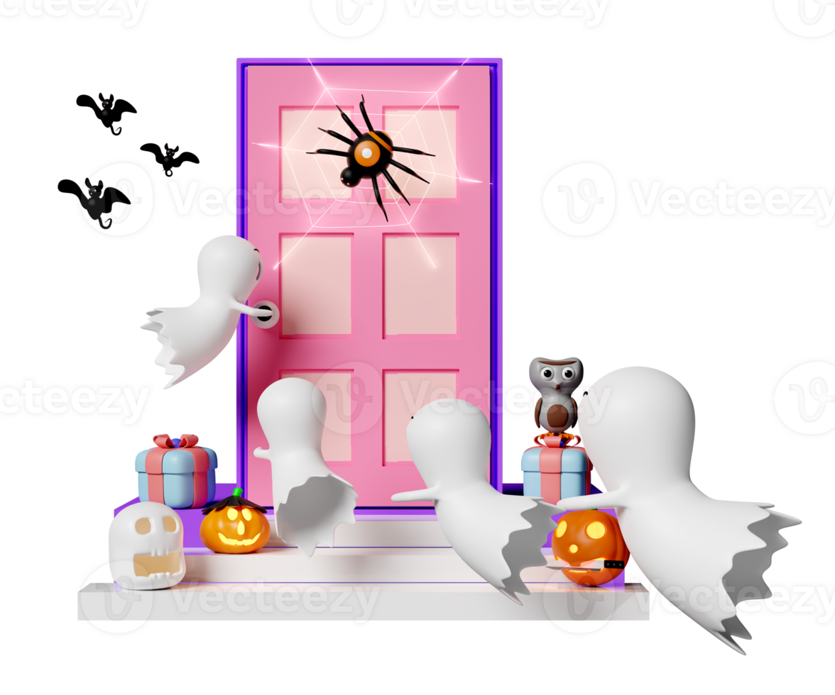 3d halloween holiday party with cute ghost, carved pumpkin, skull, gift box placed on the stairs, spider and spider web on door, bats, cute owl isolated. 3d render illustration png