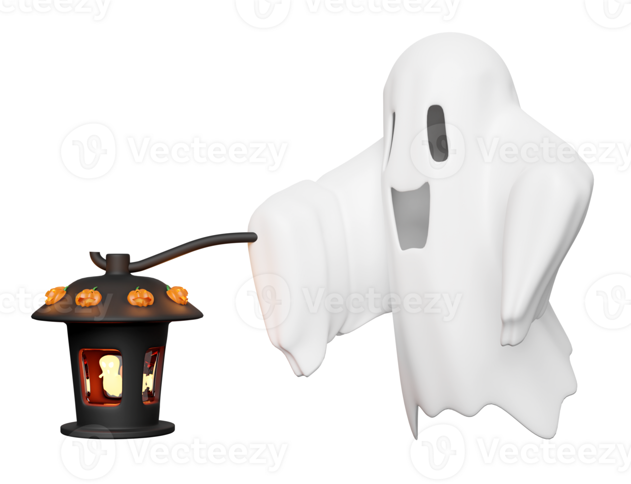 3d halloween holiday party with cute ghost flying holding storm lantern isolated. 3d render illustration png
