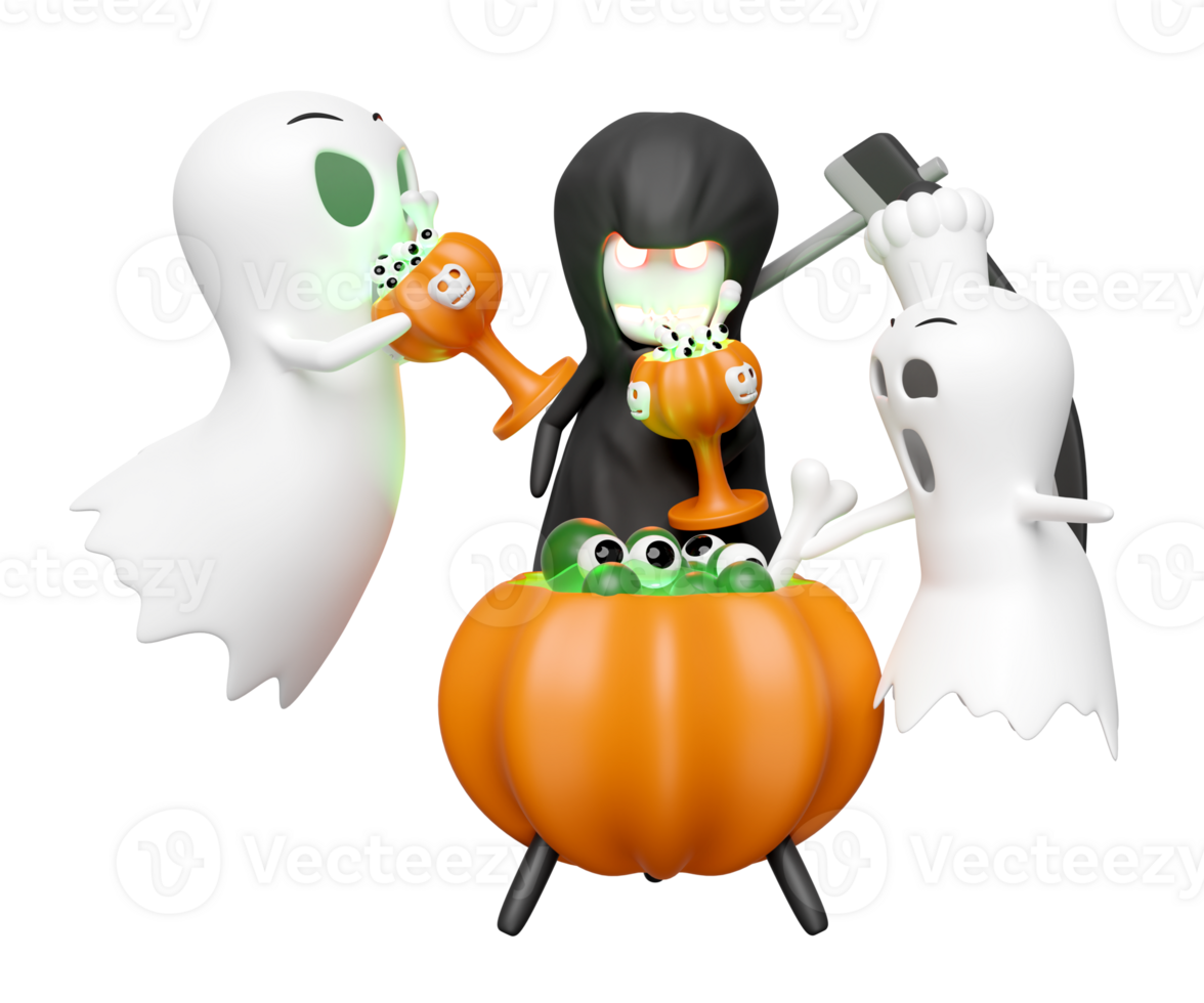 3d halloween holiday party with chef ghost, cute ghost, grim reaper hand holding scythe, cauldron, magic cup pumpkin, skeleton, skull, eye isolated. 3d render illustration png