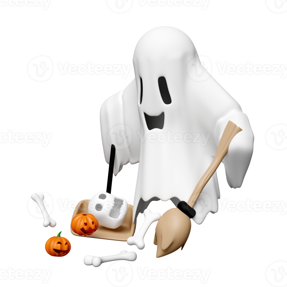 3d Halloween giorno con carino fantasma, strega bacchetta, zucca, cranio, pala spazzatura isolato. vacanza festa, fantasma pulisce il pavimento, 3d rendere illustrazione png