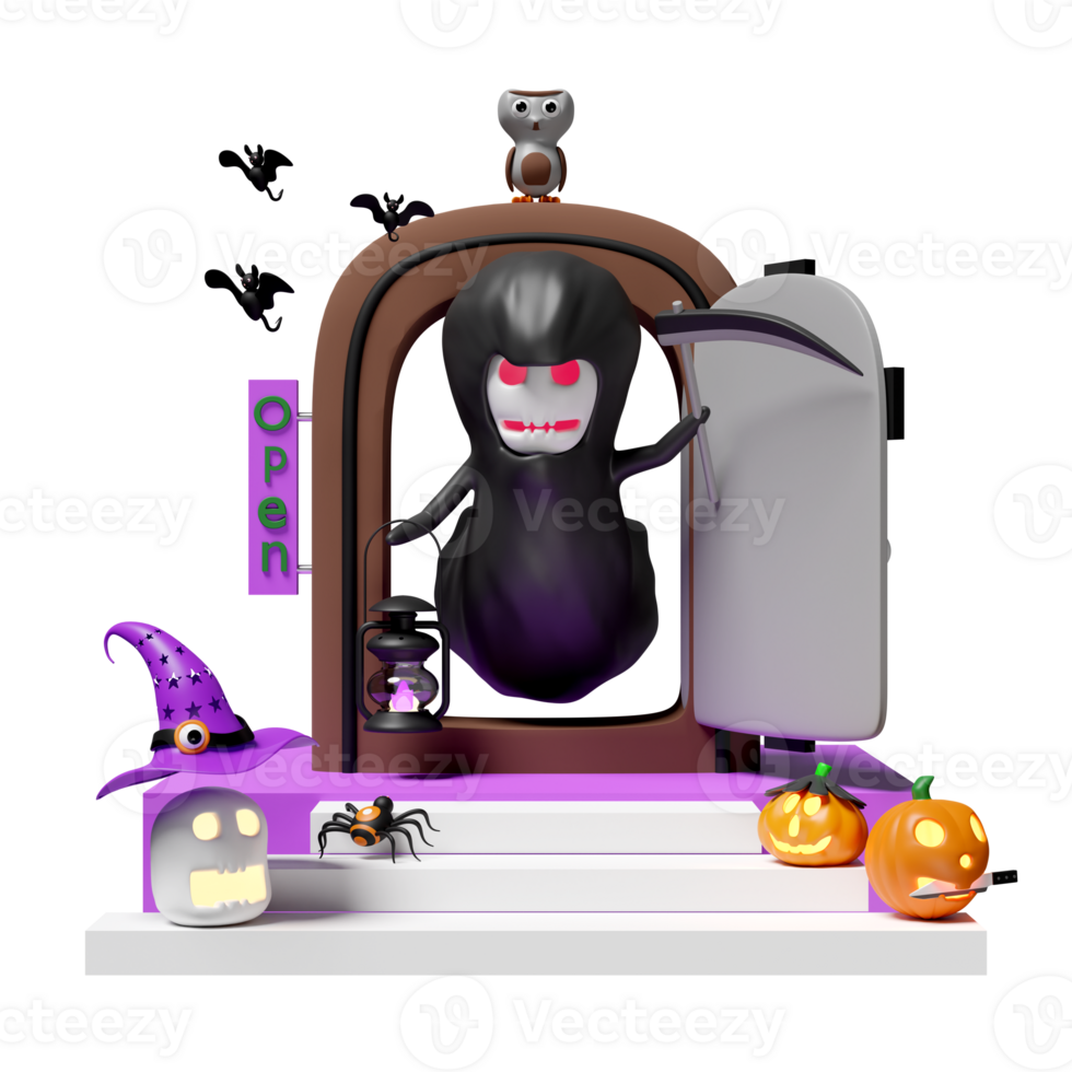 3d halloween vakantie partij met grimmig maaimachine hand- Holding zeis, storm lantaarn, pompoen, schedel, spin geplaatst Aan trap, oud deur, etiket open, vleermuizen, schattig uil geïsoleerd. 3d geven illustratie png