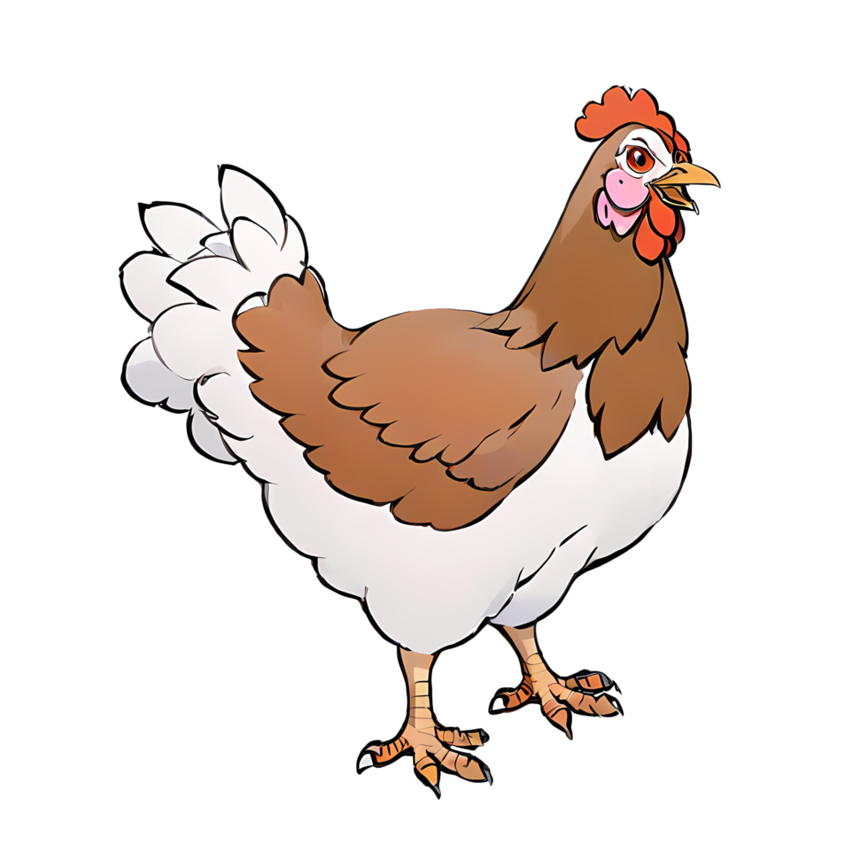 Brown and White Hen Chicken Hand Drawn Cartoon Style Illustration AI Generated png
