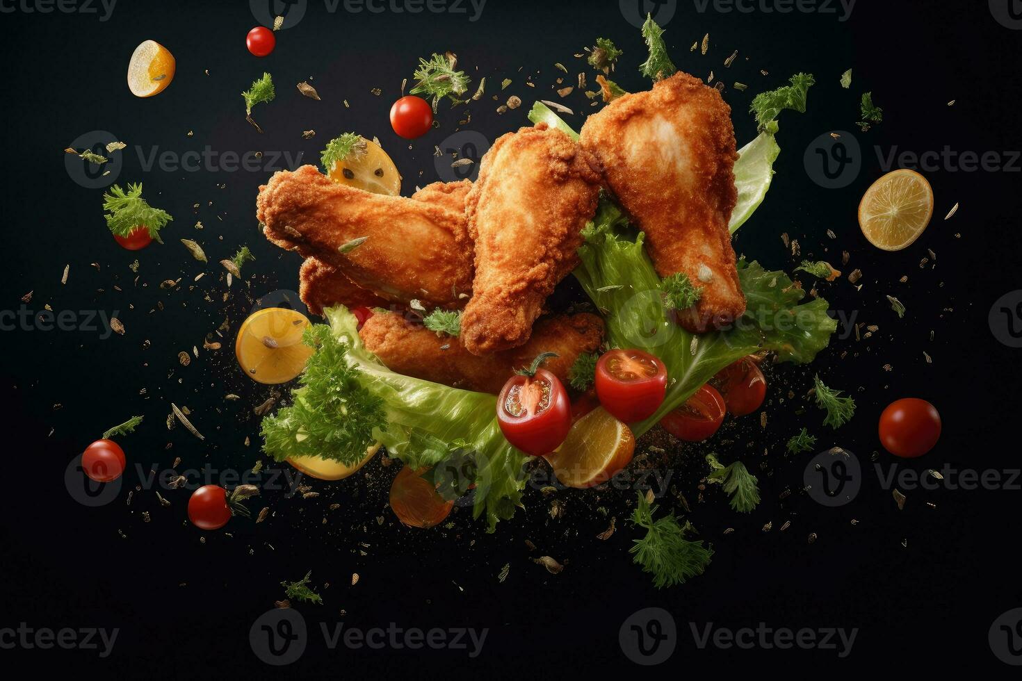 Flying elements of fried chicken with tomatoes and parsley, Generative AI photo