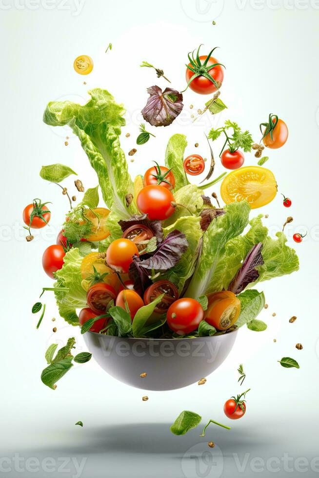 Salad flying ingredients on white background, AI Generated photo
